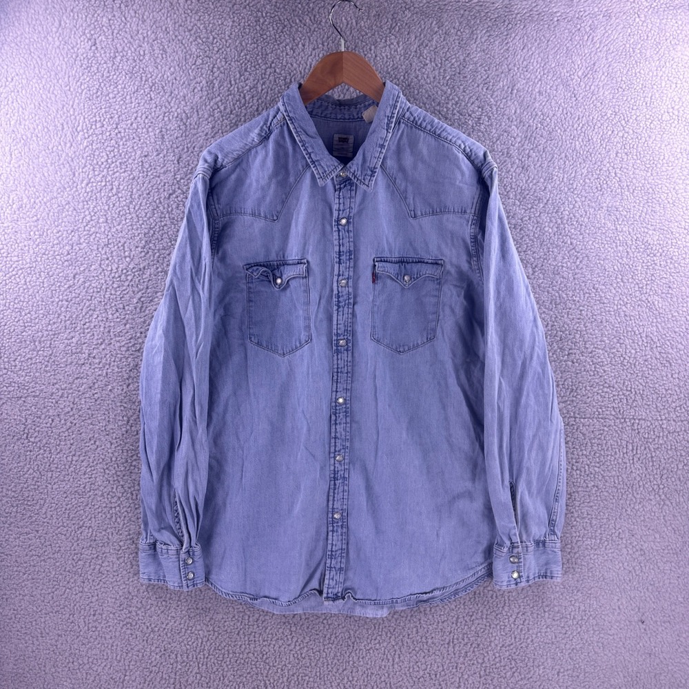 Levis Mens XL Western Denim Shirt Light Wash Pearl Snap Button Long Sleeve